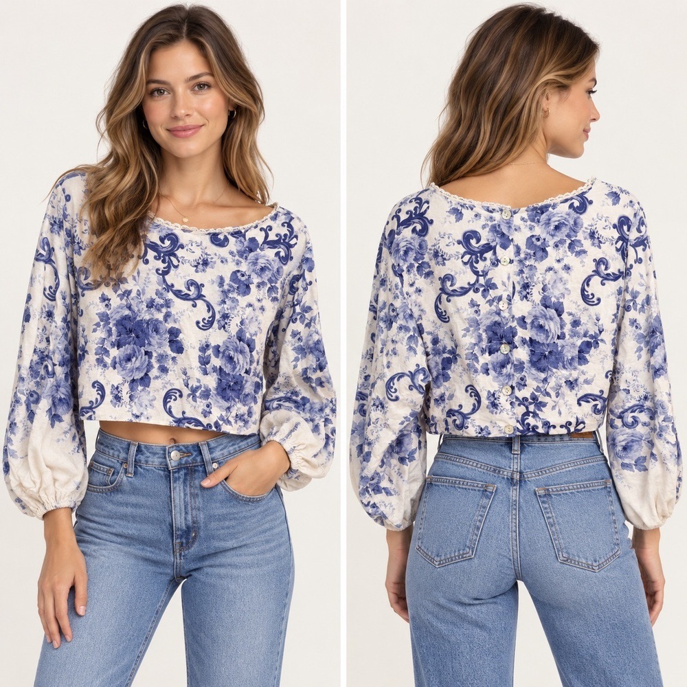 Blue White Floral Linen Blend Balloon Sleeve Button Back Crop Top Blouse